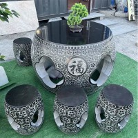 青石镂空圆桌石雕桌子庭院石桌石凳